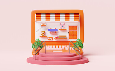 stage podium with orange computer monitor store front,magnifying,teddy bear,truck,skateboard,drone isolated on pink background,online shopping or search data concept,3d illustration or 3d render