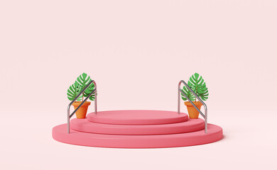 stage podium empty with stairs,handrail,leaf monstera in pink composition for modern stage display and minimalist mockup ,abstract showcase background ,Concept 3d illustration or 3d render