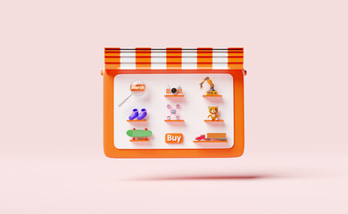 orange tablet or mobile phone or smartphone with store front,magnifying,teddy bear,truck,skateboard,drone,cart isolated on pink,online shopping or search data concept,3d illustration or 3d render