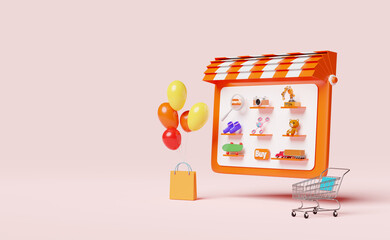 orange tablet or mobile phone or smartphone with store front,magnifying,teddy bear,truck,skateboard,drone,cart isolated on pink,online shopping or search data concept,3d illustration or 3d render