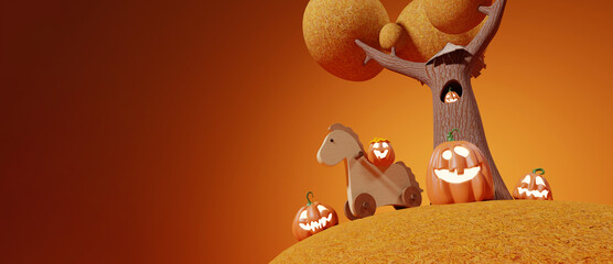 Halloween Funny Lantern Jack Pumpkin Sitting on Wooden Horse Toy Under Autumn Tree with Cute Pumpkin in a Hollow. Rendering from 3D.