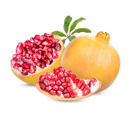 Fresh ripe pomegranate with leaves isolated on white background