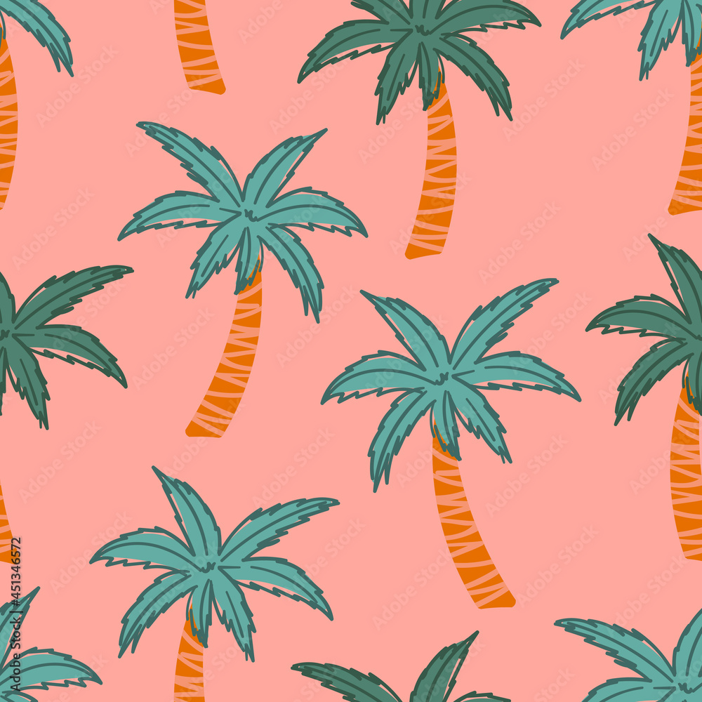 Wall mural Tropical seamless pattern for apparel design, wallpaper, kids clothes. Palm trees with leaves background. Hawaiian seamless pattern.