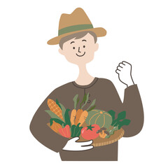 たくさんの野菜を収穫しガッツポーズをする男性