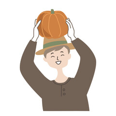 大きなかぼちゃを収穫して喜ぶ男性