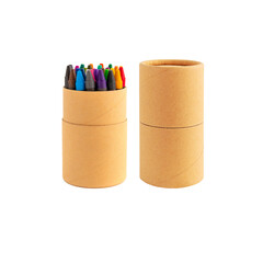 Colored waxy pencils in eco cardboard box isolated on white background. Colorful non-toxic pastel sticks of pigmented wax in paper cup for writing art drawing.Back to school artistic education concept