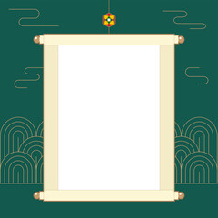 족자와 전통적인 문양 배경.