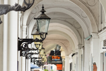 Classical arcades with vintage lamps in Hamburg