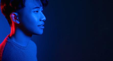 asian man banner futuristic neon light blue