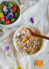 Homemade delicious snack. Granola Bowl & fruit Bowl. Healthy boost of natural multi vitamins,...