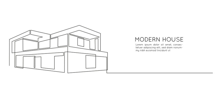 One continuous line drawing of modern house with minimalist architecture. Trendy two story villa in doodle linear style isolated on white background. Vector illustration