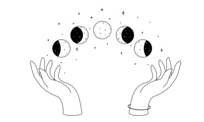 Alchemy esoteric mystical magic celestial talisman with woman hands and moon phases outline. Spiritual occultism object in simple linear style. Vector illustration