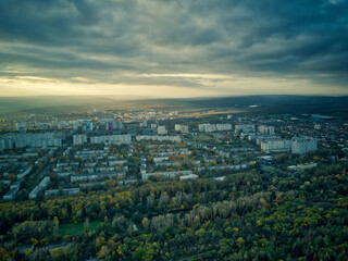 Aerial over the city in autumn at sunset. Kihinev city, Moldova republic of.