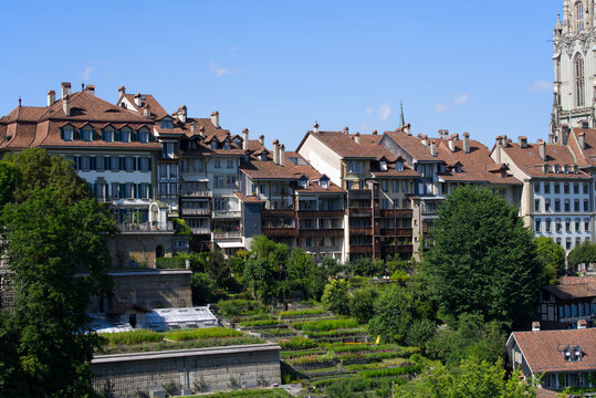 Old town of Bern with gardens on a sunny summer afternoon. Photo taken July 29th, 2021, Bern, Switzerland.