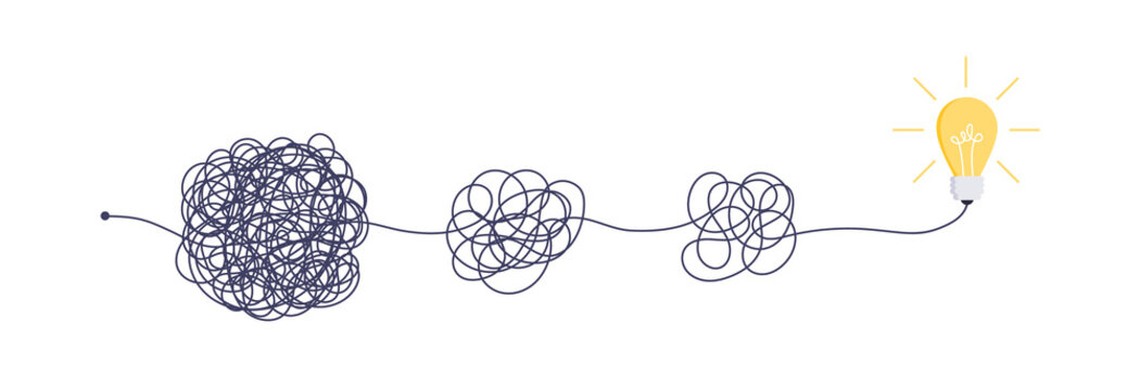 Complex easy simple way from start to idea. Chaos simplifying, problem solving and business solutions idea searching concept vector illustration. Hand drawn doodle scribble chaos lines and light bulb.