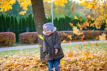 Happy little girl in the autumn park