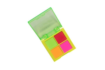 Purple, green, orange and blue eye shadow palette isolated on a white background.  Neon colours.