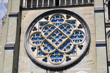 Window of medieval Cathedral Notre Dame at the old town of Lausanne on a sunny summer afternoon. Photo taken July 29th, 2021, Lausanne, Switzerland.