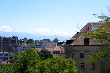 Fototapeta na wymiar Aerial view over the old town of Lausanne seen form Charles Bessieres bridge. Photo taken July 29th, 2021, Lausanne, Switzerland.