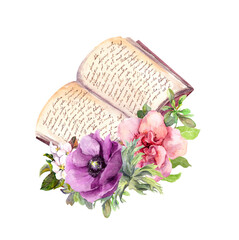 Old open book, flowers. Textbook with hand written text. Watercolor painted vintage illustration