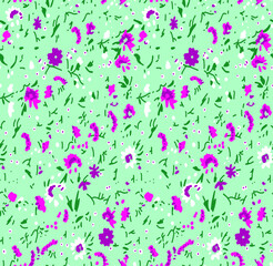 Abstract Hand Drawing Small Ditsy Flowers and Leaves Seamless Vector Pattern Isolated Background