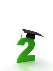 Number 2 two with student cap on isolated background in purple for back to school.