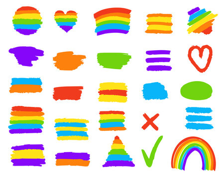 Set of spots and highlighters brush strokes vector illustration. LGBT flag, rainbow background and multicolored watermarks. Paint smears for design.