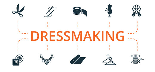 Dressmaking icon set. Contains editable icons theme such as fabric scissors, tape measure, tailor dummy and more.