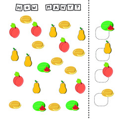 Developing activities for children, count as many  colorful fruites watermelon,  pear, peach, melon. Logic game for children.