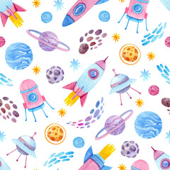 Seamless watercolor pattern with rockets, spaceship, planets, stars, meteors and asteroids. Cute baby space print.