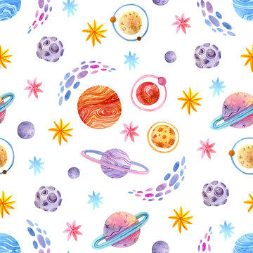 Seamless watercolor pattern with planets, stars, meteors and asteroids. Cute baby space print.