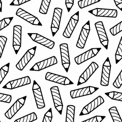 Pencil seamless pattern line art. Doodle pencil for learning, writing, school, isolated on white background. For textiles, advertising