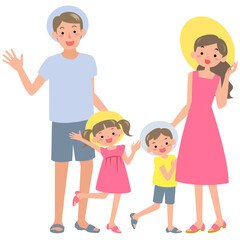 夏に外出する笑顔のファミリー