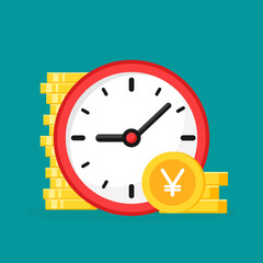 Time is money. Golden yen coins stack with red clock on turquoise background.