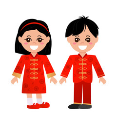Asian cute children in Chinese national costumes. boy and girl are smiling.