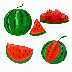 A set of different whole and cut watermelons.