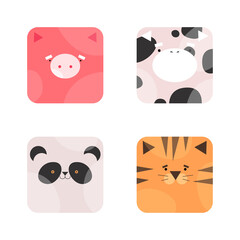 Heads of cute animals in flat style isolated on white background. Pig, cow, panda and tiger with square face. Vector stock illustration