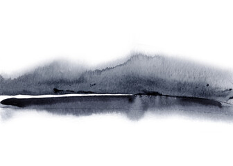 Abstract watercolor. Traditional Japanese ink wash painting. Silhouette of the mountains of lake. Gray shades. Atmospheric calm moment. Space for text, cards, web.