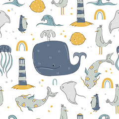 Marine pattern with whale, sea fish, lighthouse in hand drawn cartoon style. Vector stock illustration