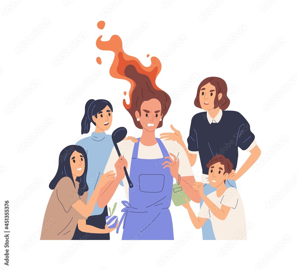 Wall mural hard parenting concept. angry tired mother and many annoying children. mom's stress, mind-shift and 