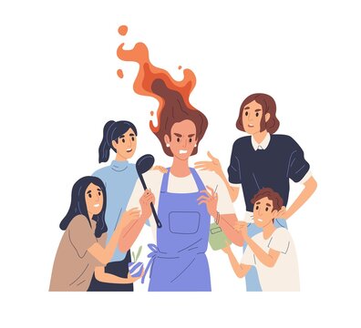 Hard parenting concept. Angry tired mother and many annoying children. Mom's stress, mind-shift and exhaustion after household duties overload. Flat vector illustration isolated on white background
