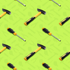 Set of hand tools on a bright background, seamless pattern.