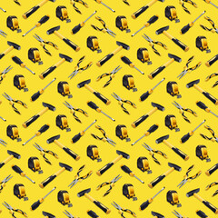 Set of hand tools on a bright background, seamless pattern.