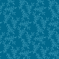 Seamless pattern with light blue branches on dark blue background. Vector image.