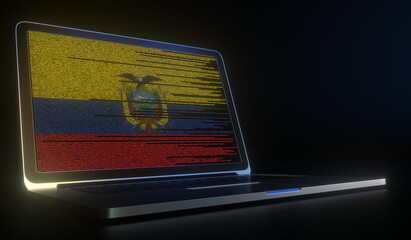 Flag of Ecuador made with computer code on the laptop screen. Hacking or cybersecurity related 3d rendering