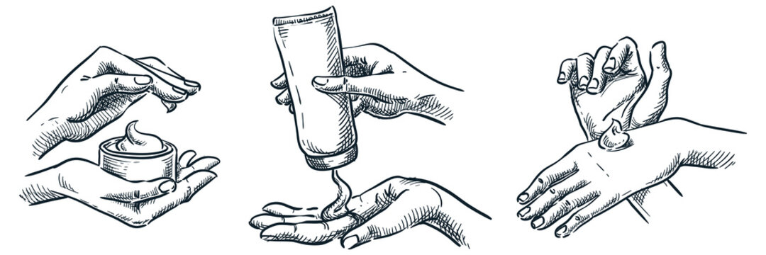 Female hands with jar of cream. Woman applying treatment lotion on cuticle. Hand drawn vector sketch illustration