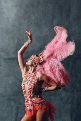 Woman in samba or lambada costume with pink feathers plumage.