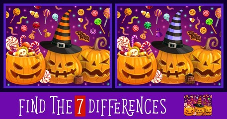 Find or spot differences education game, vector kid activity with Halloween pumpkins and trick or treat candies. Children mind game, puzzle or quiz with Halloween lanterns, witch hats and chocolates