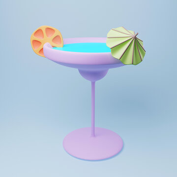 Margarita realistic cocktail in glass with lime slice and umbrella. 3d render