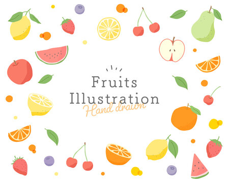 フルーツのイラストのフレーム　果物　背景　テンプレート　果実　かわいい　手描き　リンゴ　イチゴ